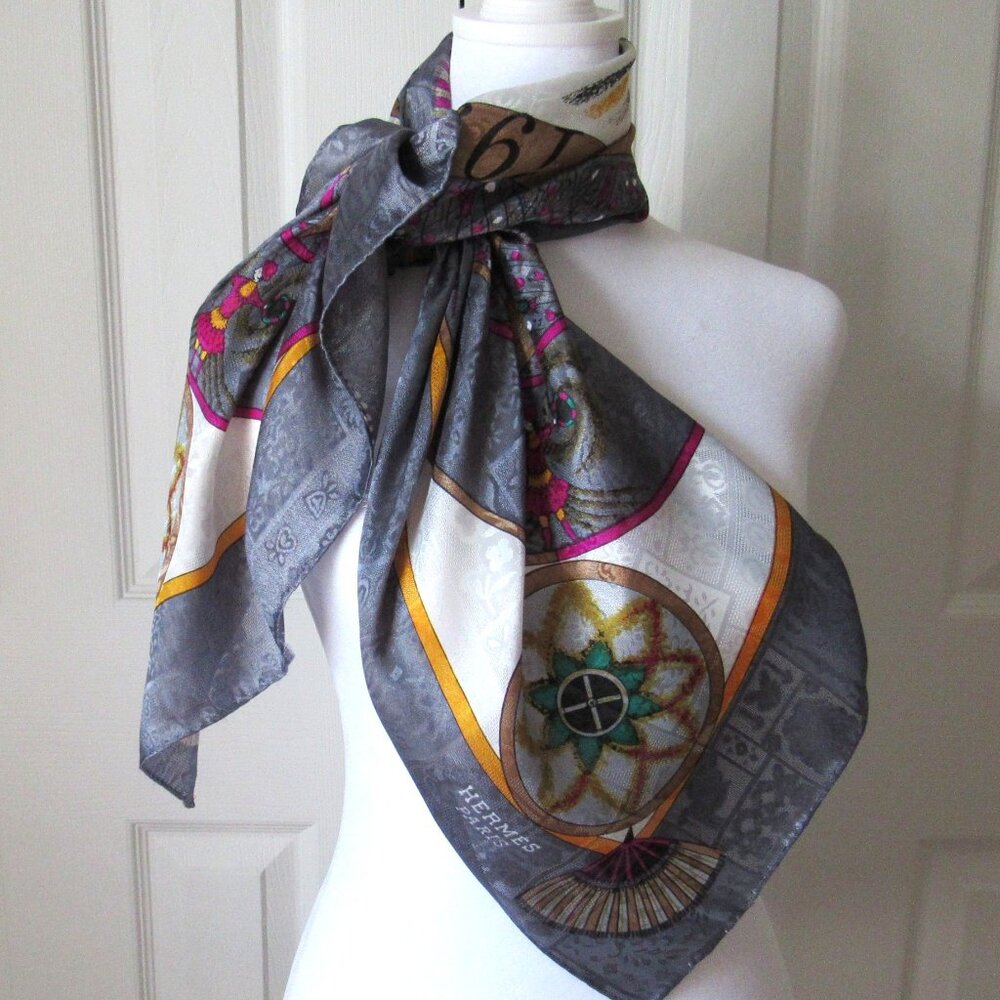 HERMES 1837 Feux D'Artifice Scarf Wrap Foulard Gray Lavender 1990 ed. Vintage - Picture 10 of 11